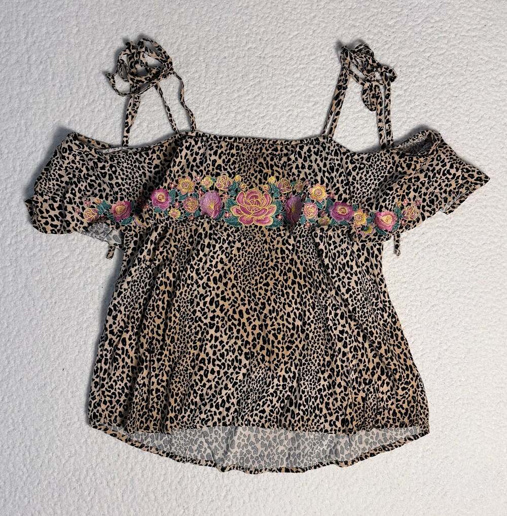 Savanna Jane Leopard Print Cold Shoulder Floral Embroidered Top